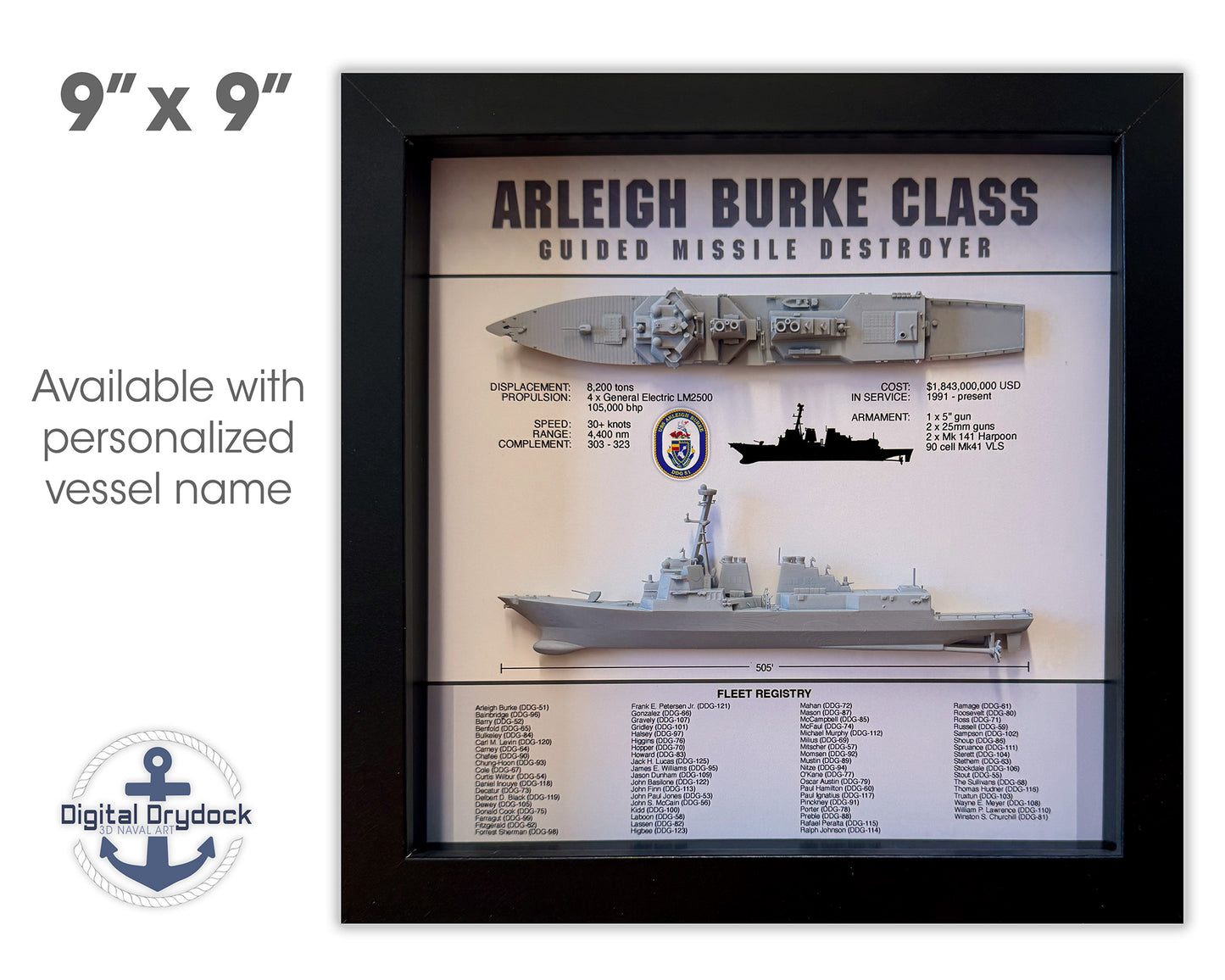 Arleigh Burke Class Destroyer Memorial Display Shadow Box, 9" x 9", Black