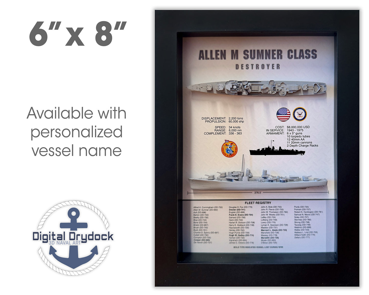 Allen M Sumner Class Destroyer Memorial Display Shadow Box, WW2, 6" x 8", Black