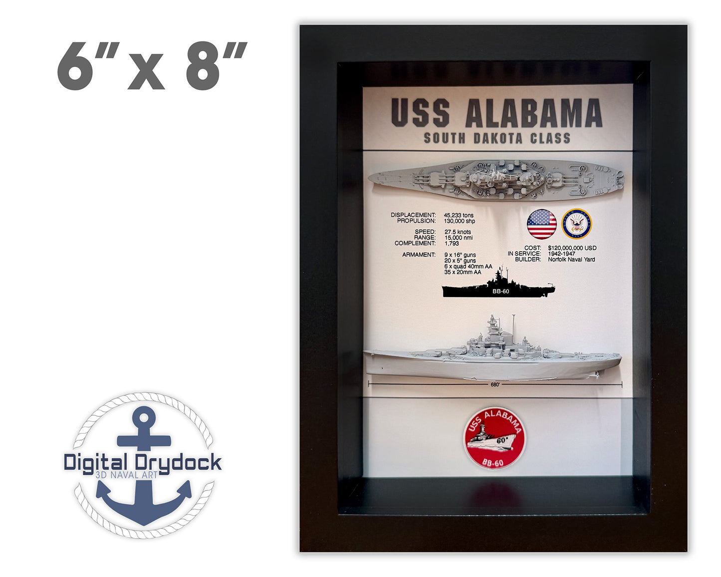 USS Alabama Memorial Display Shadow Box, BB-60, WW2, 6" x 8", South Dakota