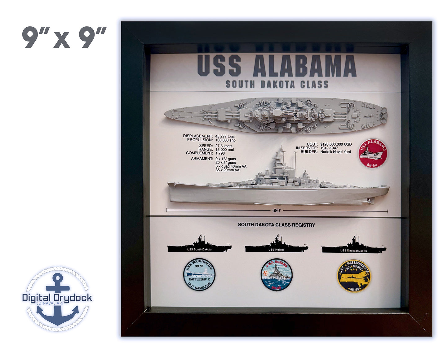 USS Alabama Battleship Display Shadow Box, BB-60, South Dakota Class, WW2, 9" x 9", Black