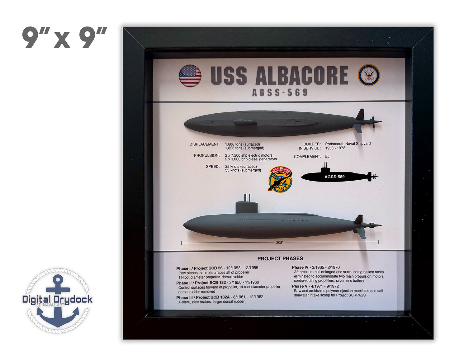 USS Albacore Submarine Memorial Display Shadow Box, AGSS-569, 9" x 9", Black