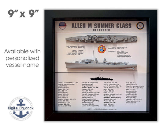 Allen M Sumner Class Destroyer Memorial Display Shadow Box, WW2, 9" x 9", Black