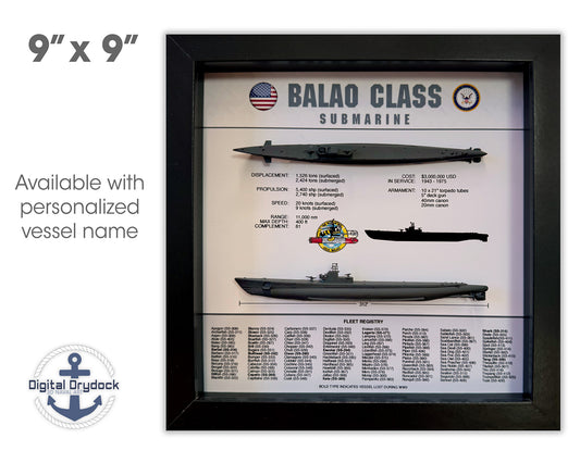 Balao Class Submarine Memorial Display Shadow Box, 9" x 9", Black