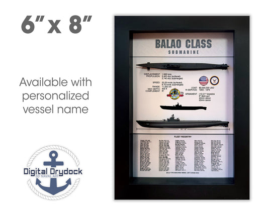 Balao Class Submarine Memorial Display Shadow Box, 6" x 8", Black