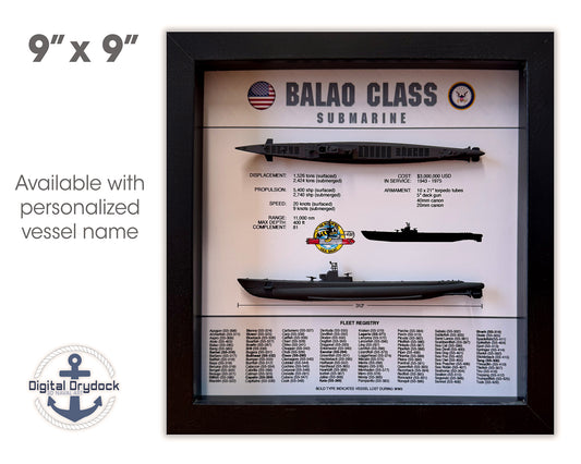 Balao Class Submarine Memorial Display Shadow Box, 9" x 9", Black