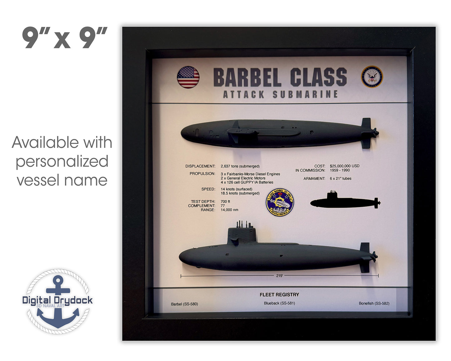 Barbel Class Submarine Memorial Display Shadow Box, 9" x 9", Black