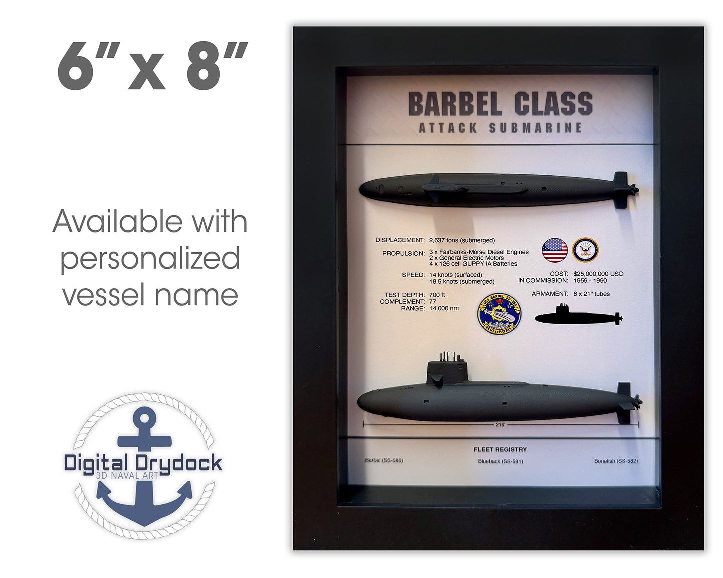 Barbel Class Submarine Memorial Display Shadow Box, 6" x 8", Black