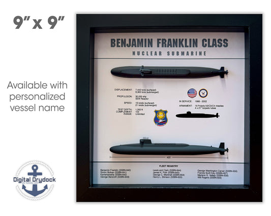 Benjamin Franklin Class, Submarine Memorial Display Shadow Box, 9" x 9", Black