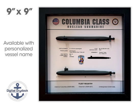 Columbia Class Submarine Memorial Display Shadow Box, 9" x 9", Large, Black