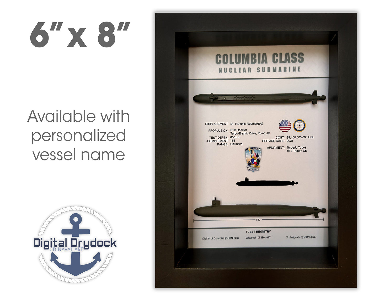 Columbia Class Submarine Memorial Display Shadow Box, 6" x 8", Black