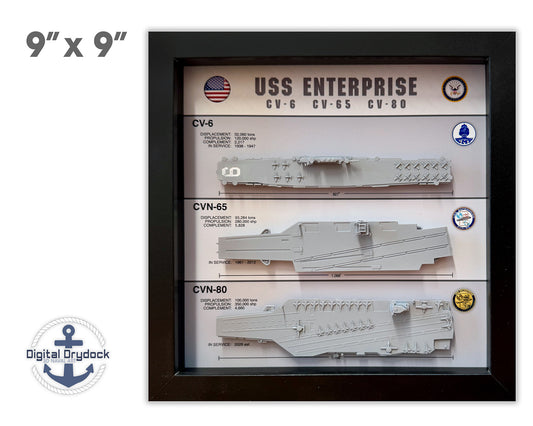 Enterprise Legacy Display Shadow Box, CV-6, CVN-65, CVN-80, 9" x 9", Deck