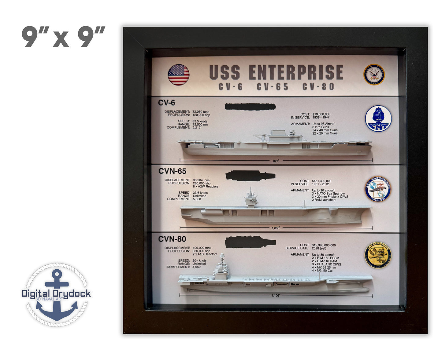 Enterprise Legacy Display Shadow Box, CV-6, CVN-65, CVN-80, 9" x 9", Profile