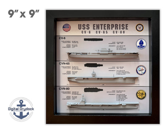 Enterprise Legacy Display Shadow Box, CV-6, CVN-65, CVN-80, 9" x 9", Profile