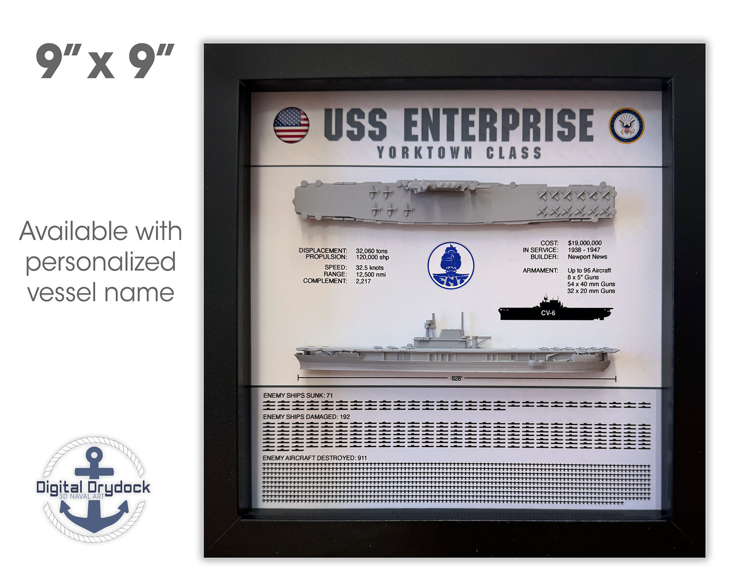 USS Enterprise Memorial Display Shadow Box, CV-6, 9" x 9", Black