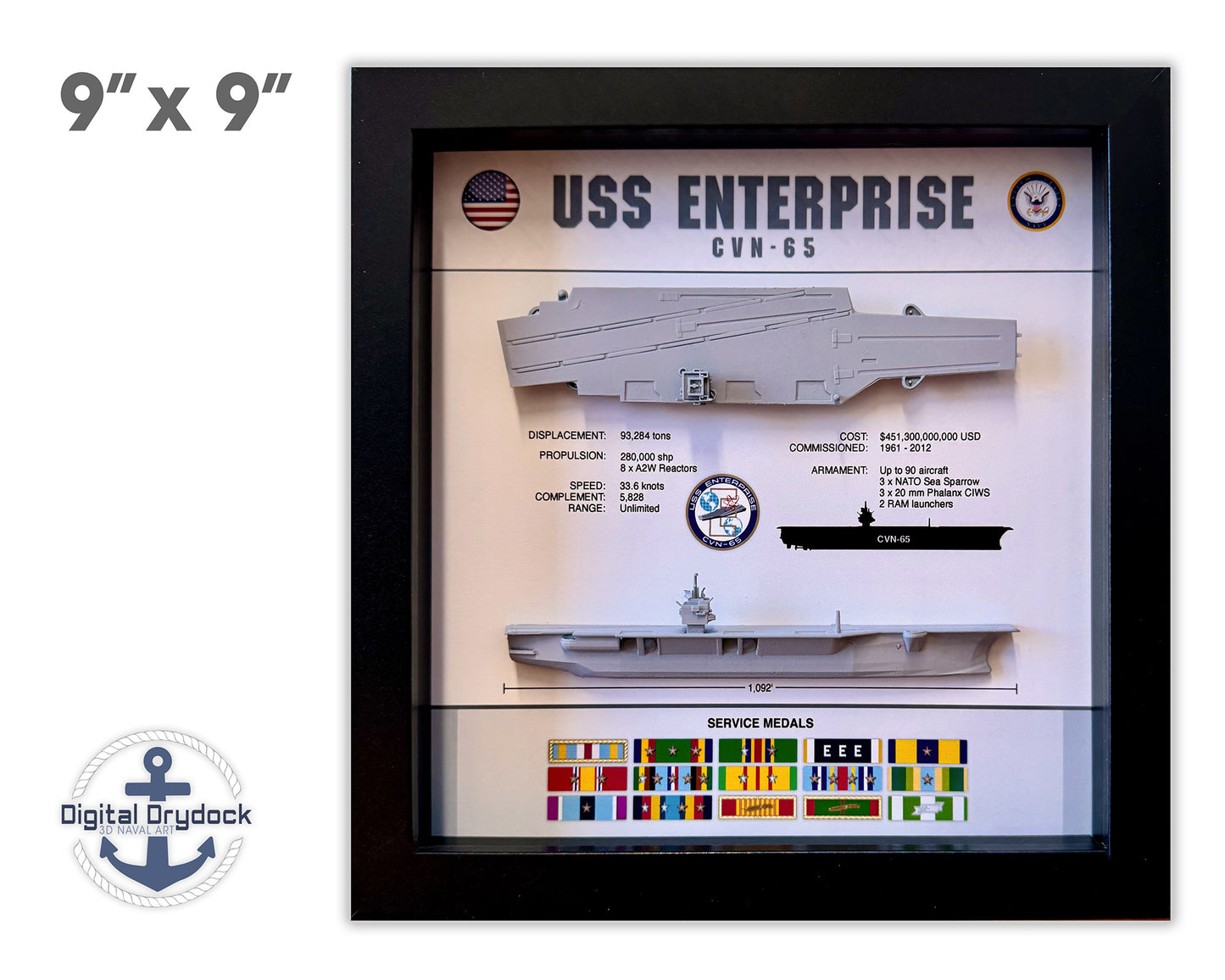 USS Enterprise Memorial Display Shadow Box, CVN-65, 9" x 9"