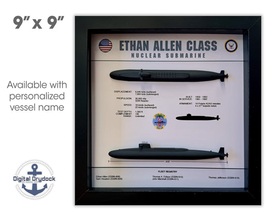 Ethan Allen Class, Submarine Memorial Display Shadow Box, 9" x 9", Black