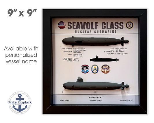 Seawolf Class Submarine Memorial Display Shadow Box, 9" x 9", Black