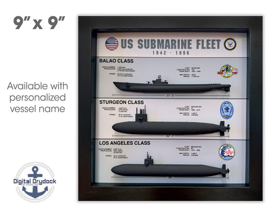 US Submarine Fleet Shadow Box Display, Balao, Sturgeon, Los Angeles, WW2, 9" x 9", Large