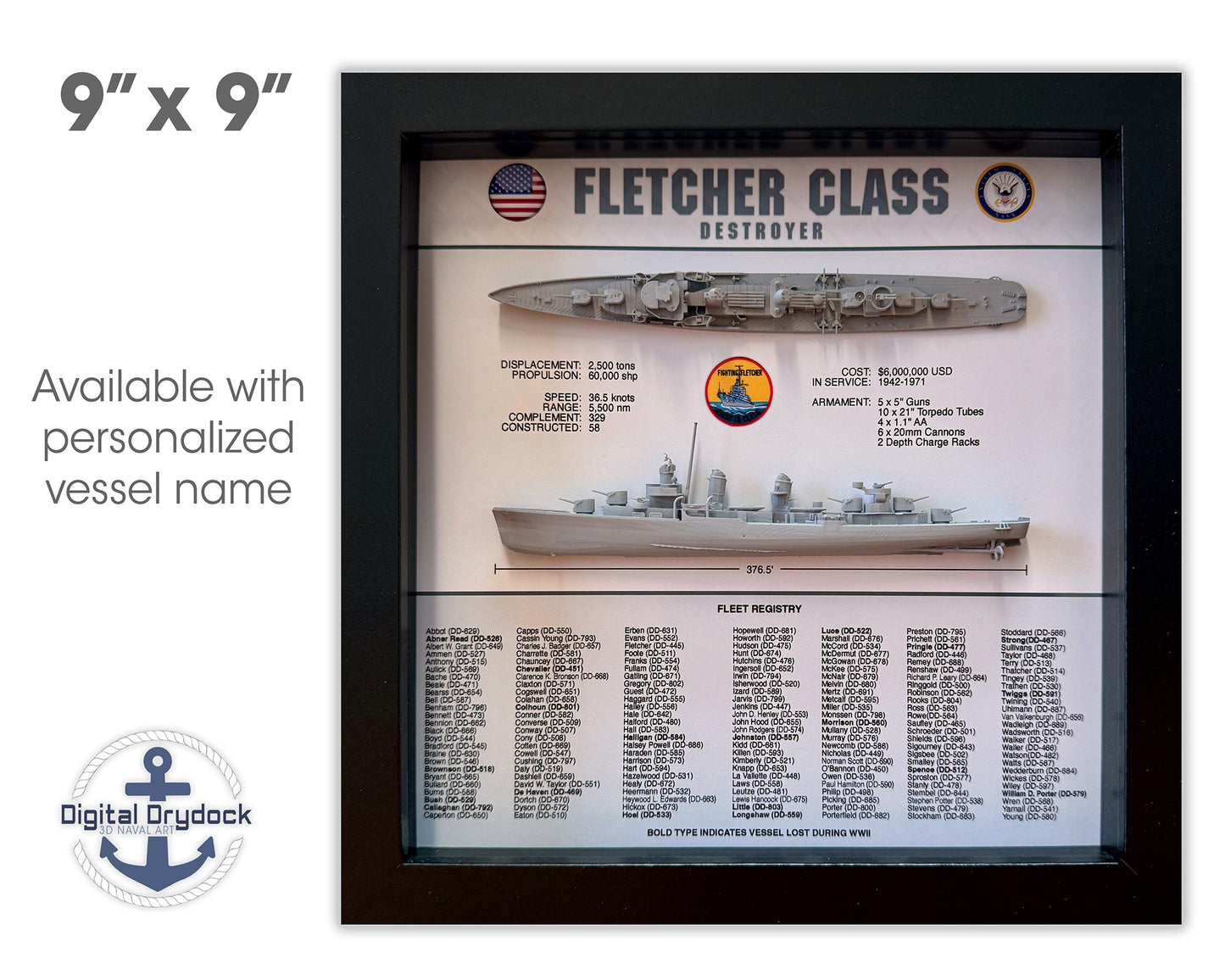 Fletcher Class Destroyer Memorial Display Shadow Box, WW2, 9" x 9", Black