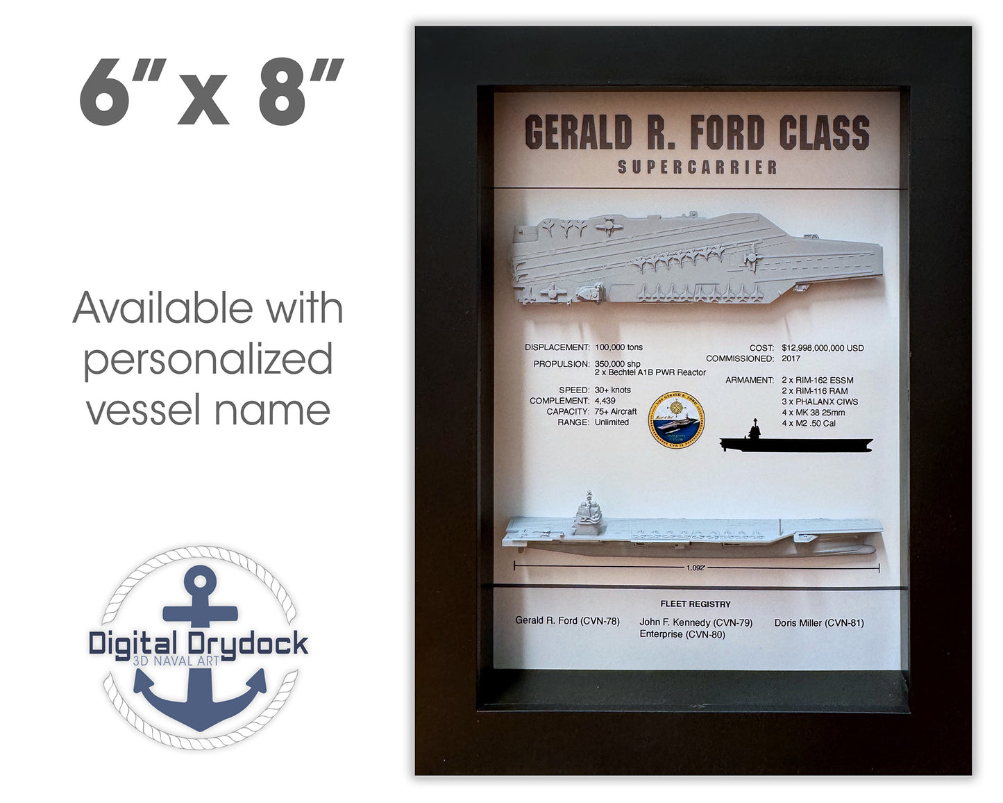 Gerald R Ford Class Display Shadow Box, CVN-78, 6" x 8", Black