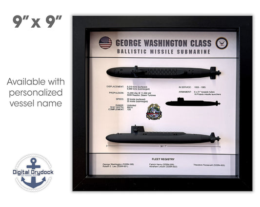 George Washington Class Submarine Memorial Display Shadow Box, 9" x 9", Large, Black