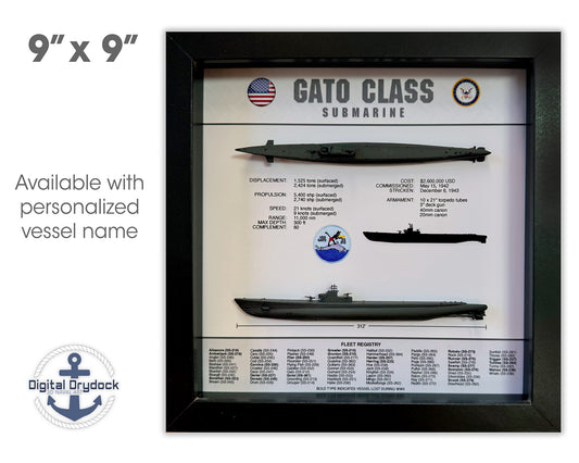 Gato Class Submarine Memorial Display Shadow Box, 9" x 9", Black, Large