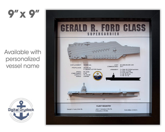 Gerald R Ford Class Display Shadow Box, CVN-78, 9" x 9", Black