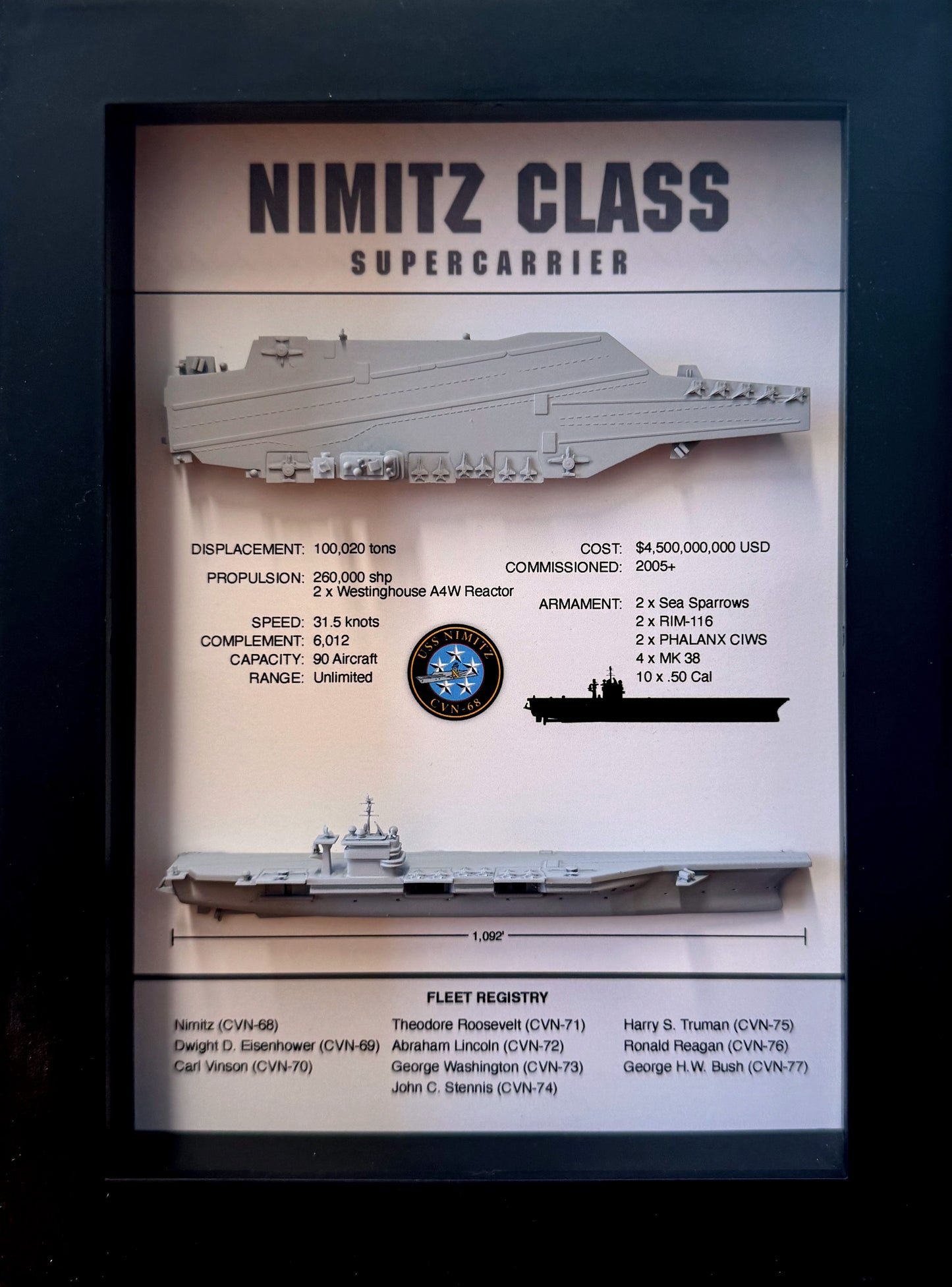 Nimitz Class Carrier Display Shadow Box, CVN-68, 6" x 8", Black