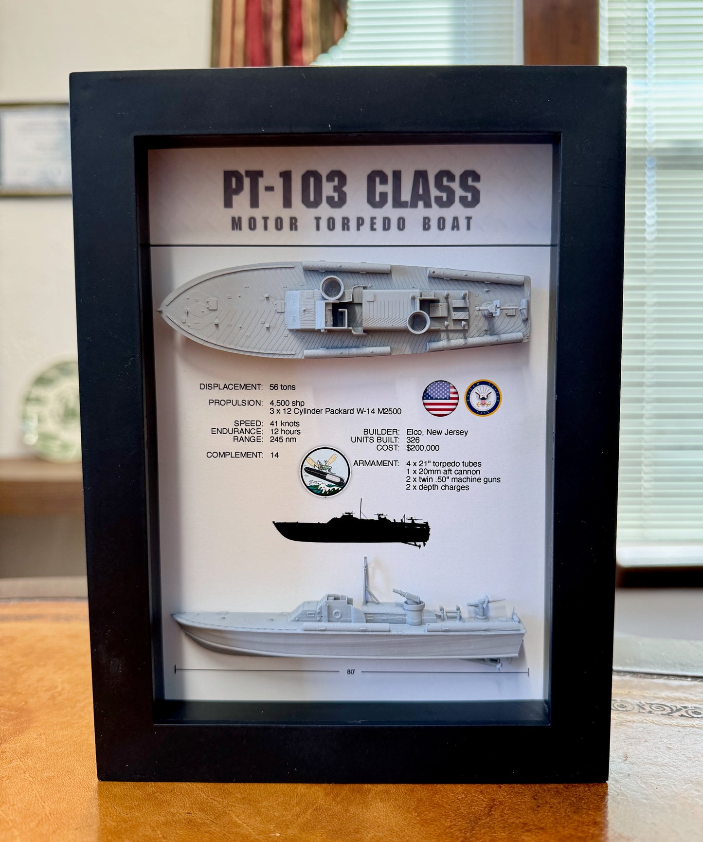 PT-103 Class Torpedo Boat Memorial Display Shadow Box, PT-109, 6" x 8", Black