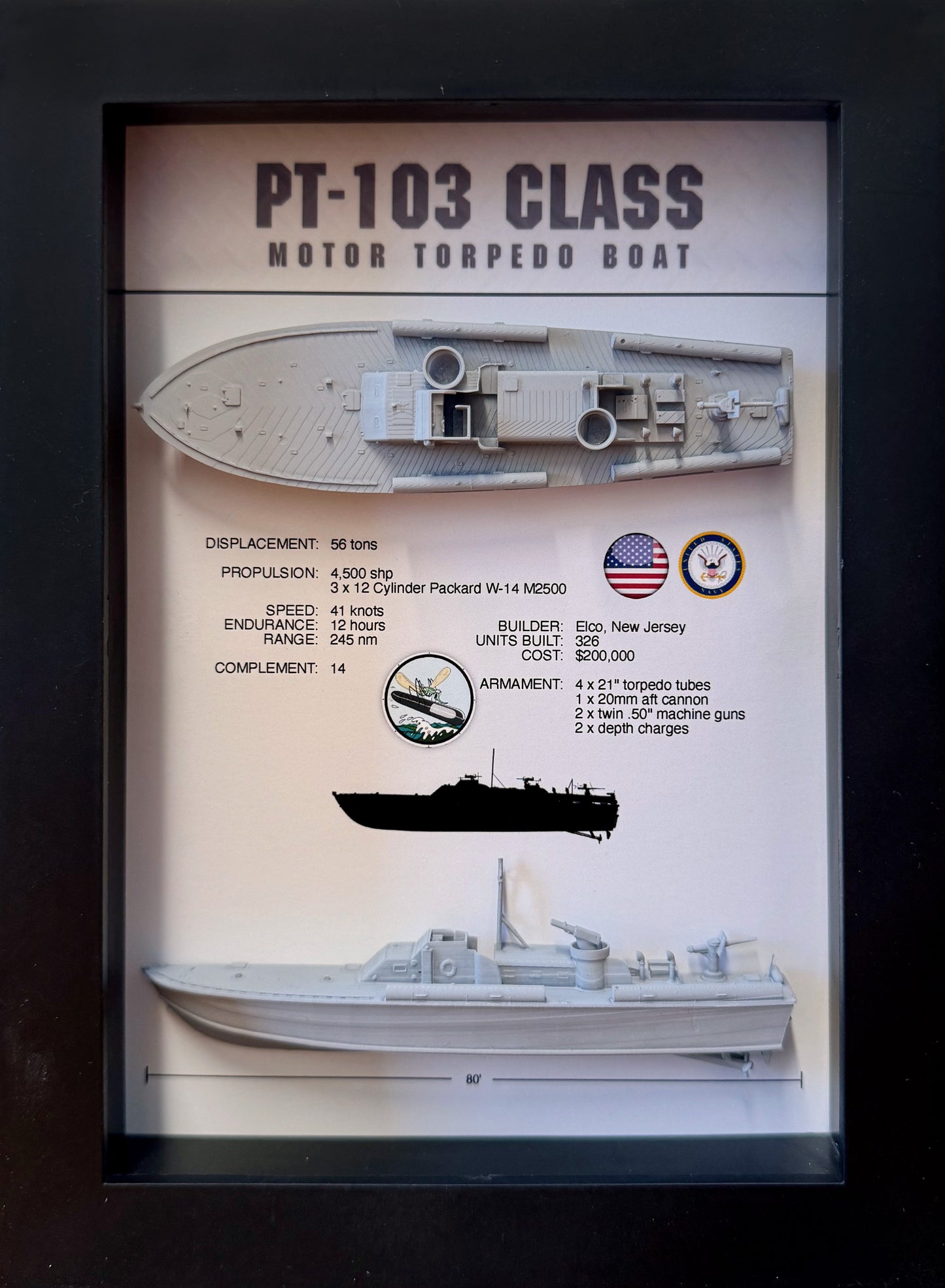 PT-103 Class Torpedo Boat Memorial Display Shadow Box, PT-109, 6" x 8", Black