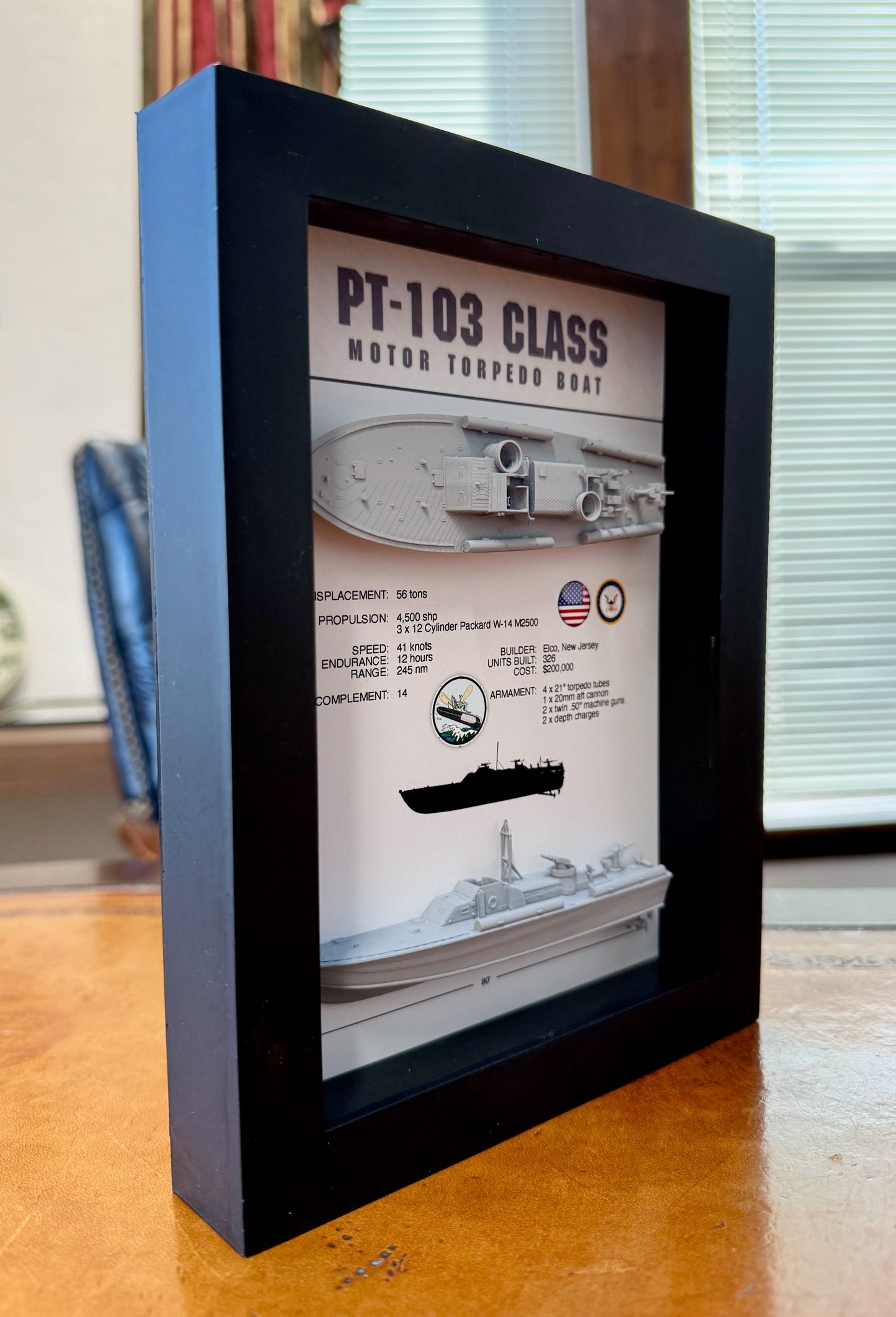 PT-103 Class Torpedo Boat Memorial Display Shadow Box, PT-109, 6" x 8", Black