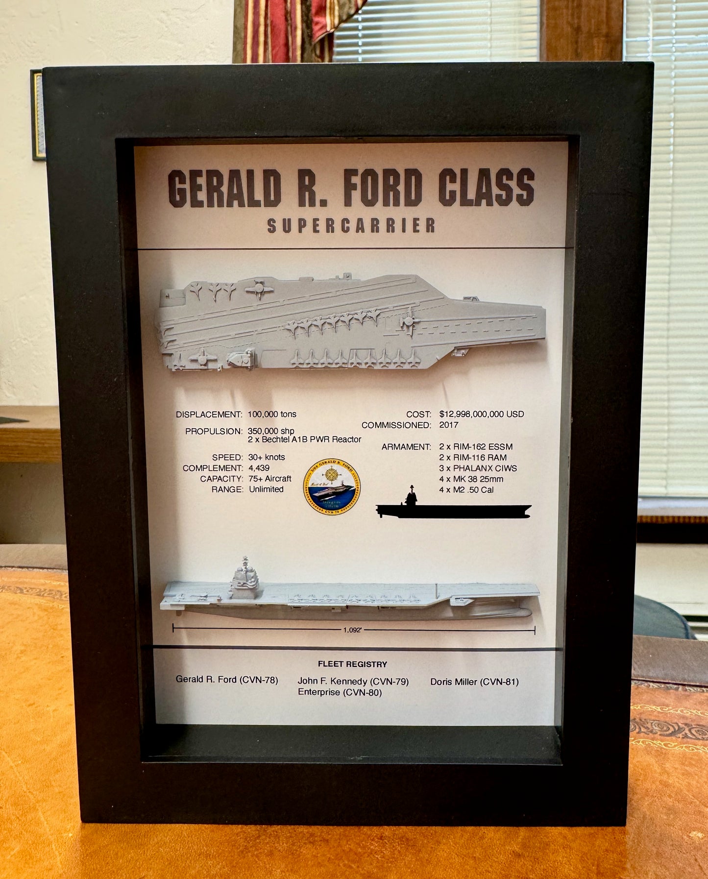 Gerald R Ford Class Display Shadow Box, CVN-78, 6" x 8", Black