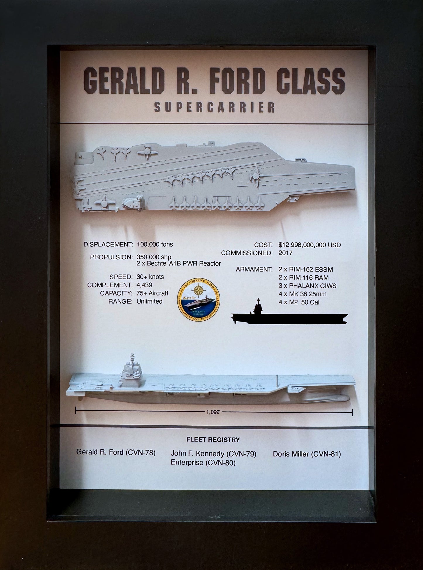 Gerald R Ford Class Display Shadow Box, CVN-78, 6" x 8", Black