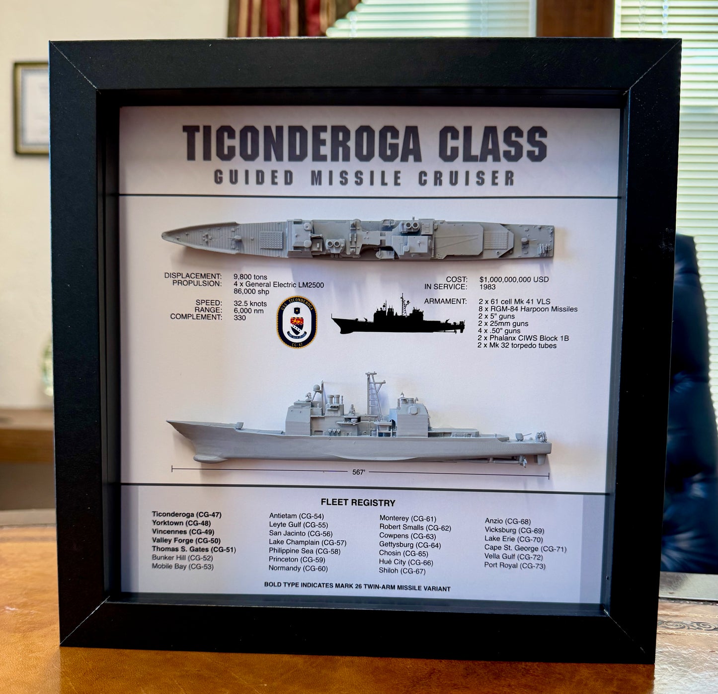 Ticonderoga Class Cruiser Memorial Display Shadow Box, 9" x 9", Black