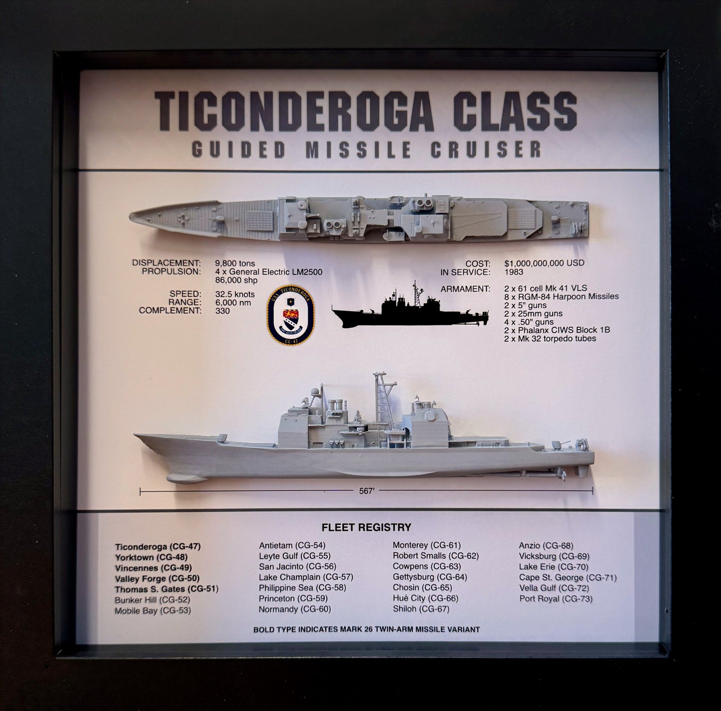 Ticonderoga Class Cruiser Memorial Display Shadow Box, 9" x 9", Black