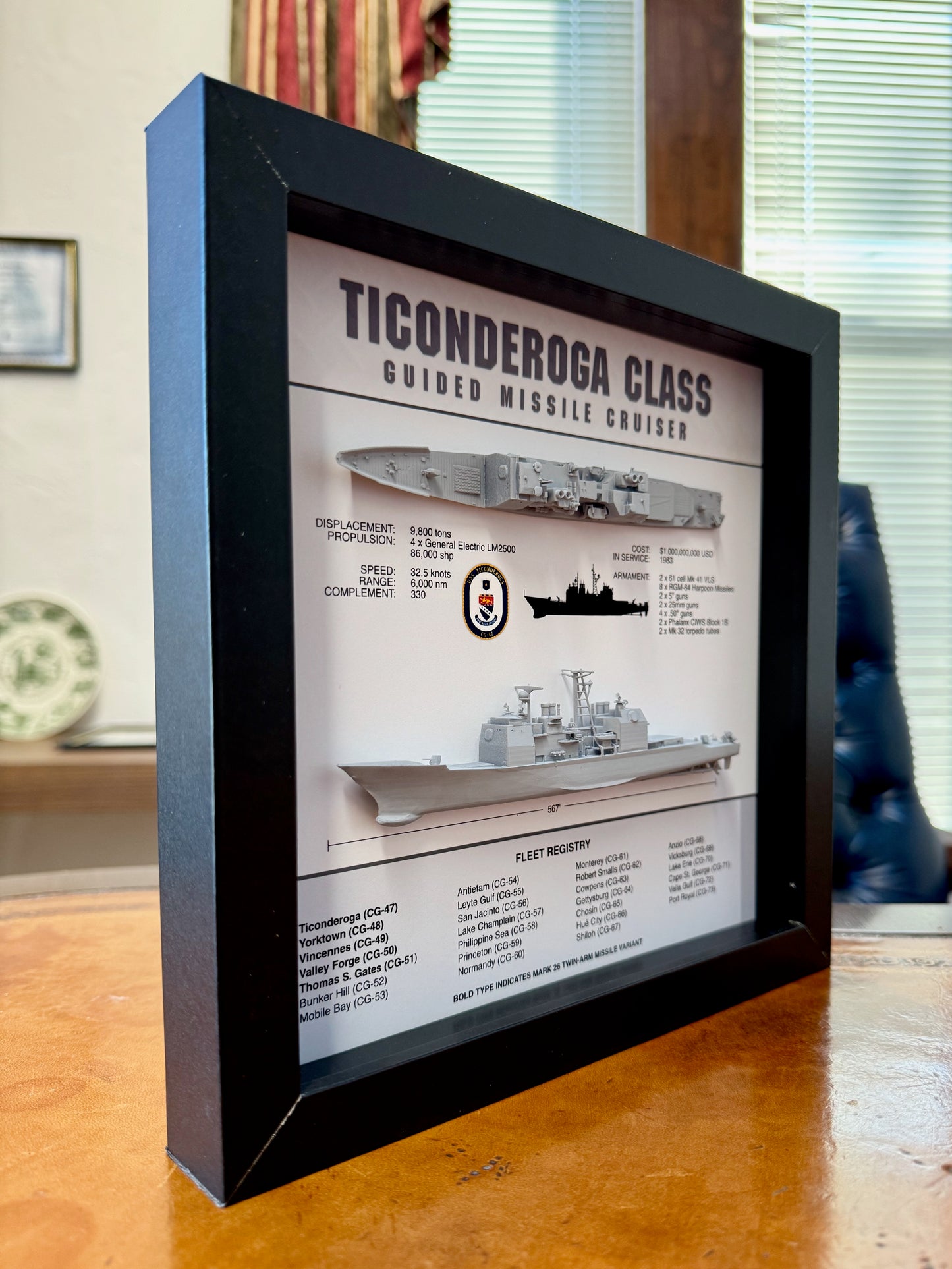 Ticonderoga Class Cruiser Memorial Display Shadow Box, 9" x 9", Black