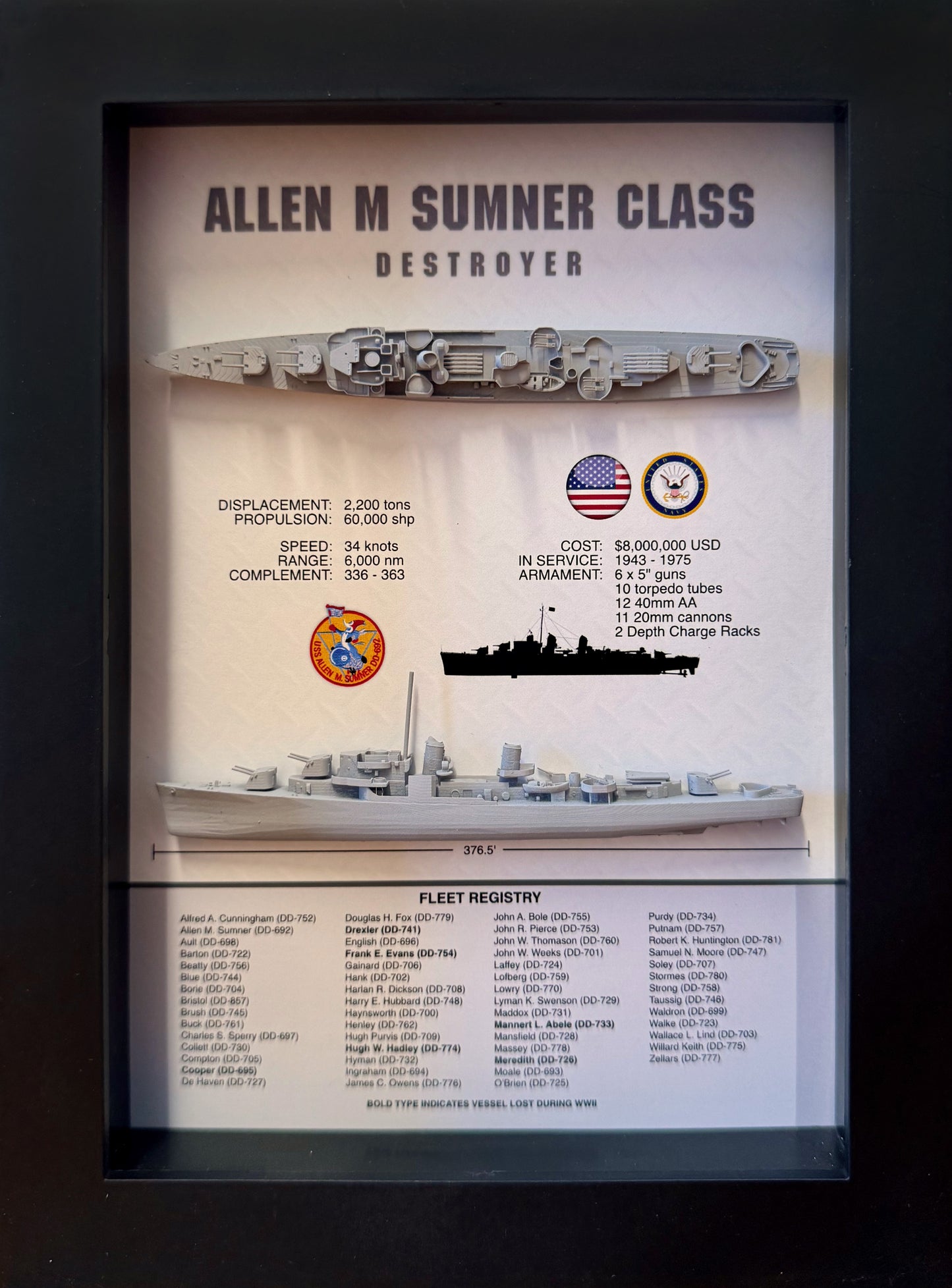 Allen M Sumner Class Destroyer Memorial Display Shadow Box, WW2, 6" x 8", Black