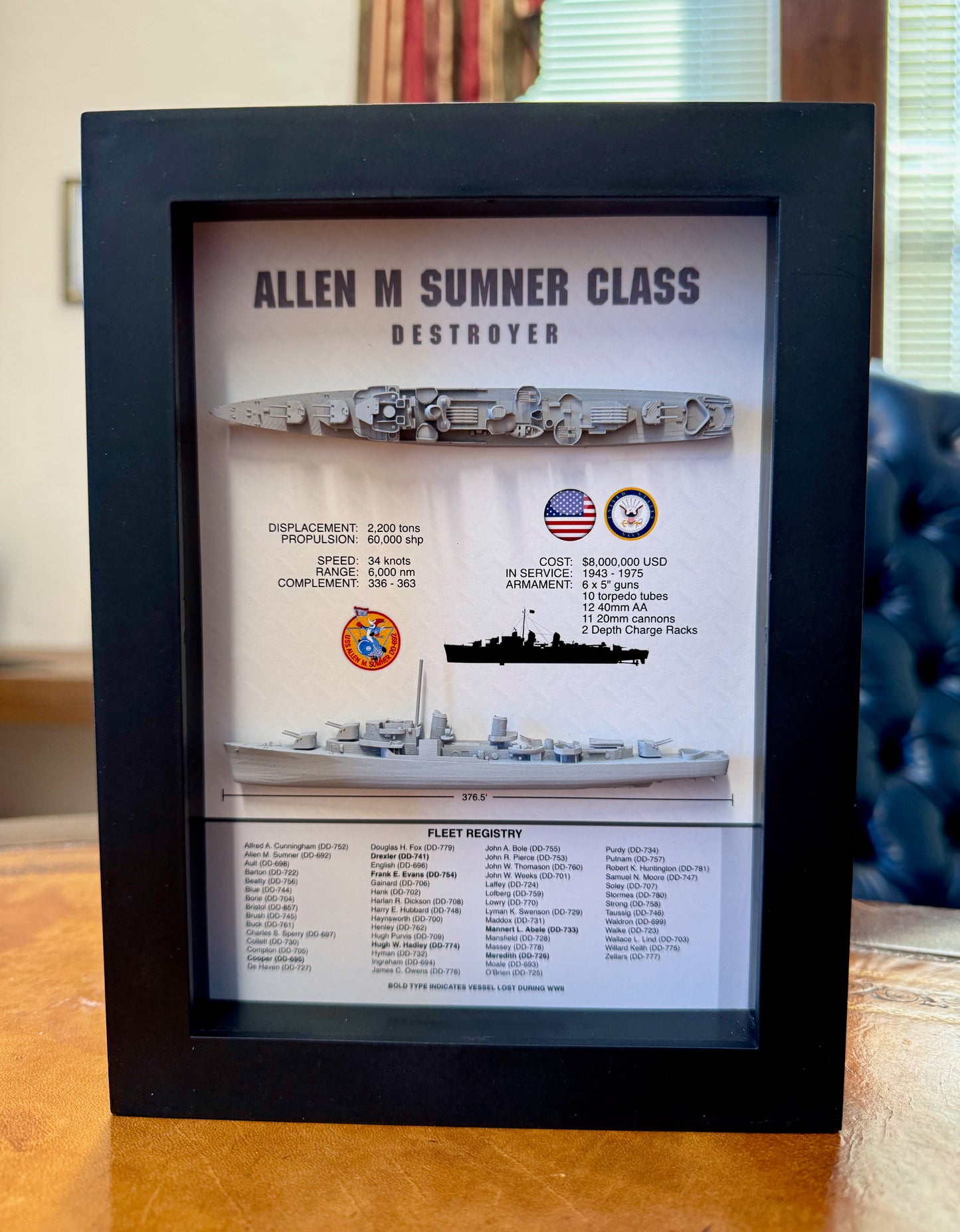 Allen M Sumner Class Destroyer Memorial Display Shadow Box, WW2, 6" x 8", Black