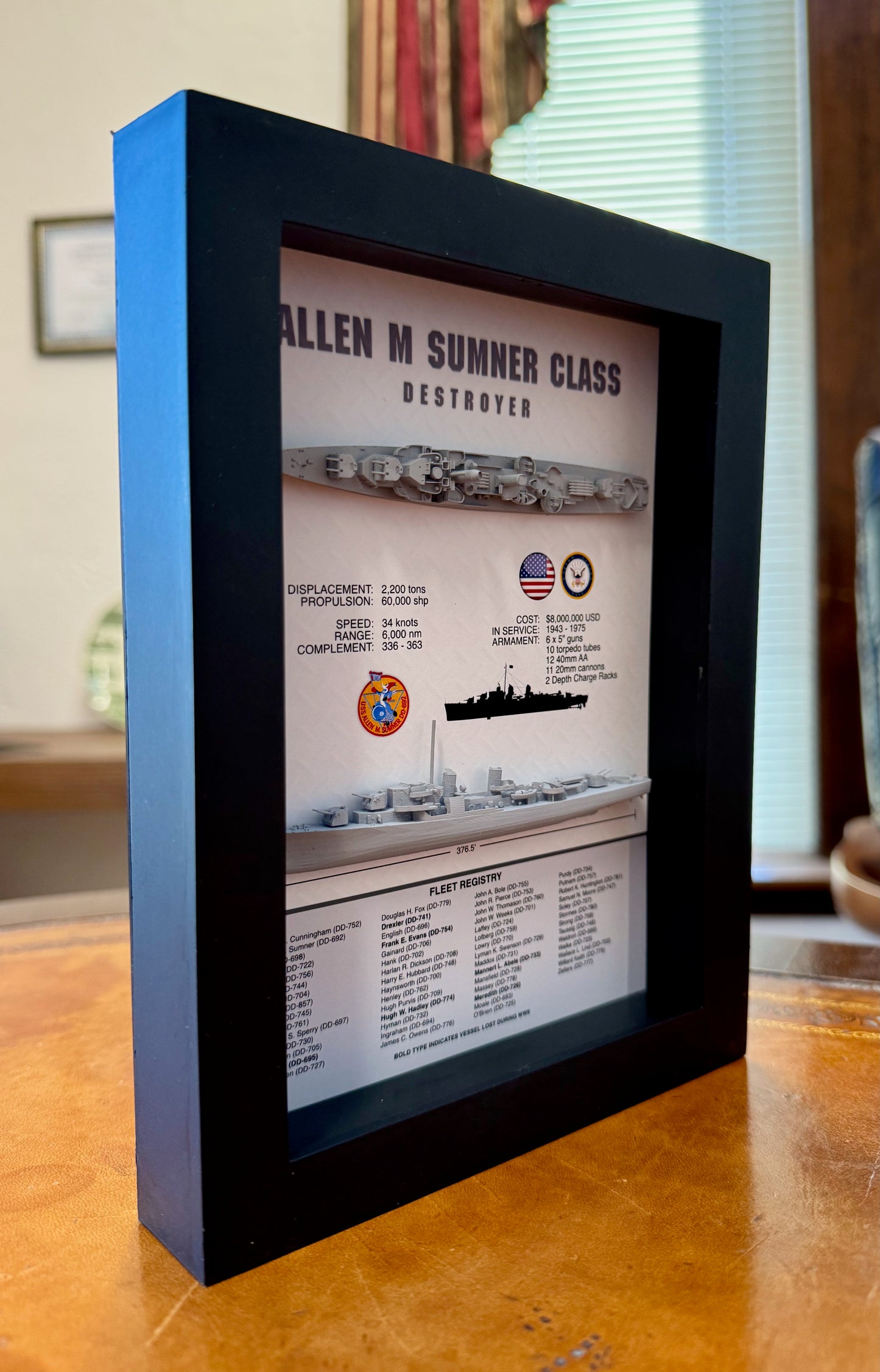 Allen M Sumner Class Destroyer Memorial Display Shadow Box, WW2, 6" x 8", Black