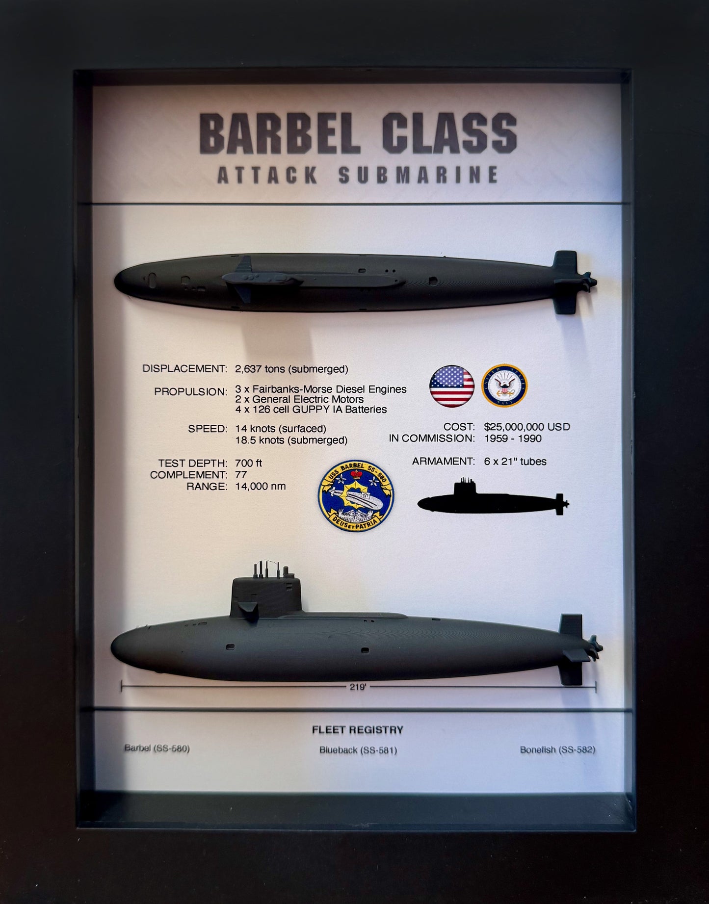 Barbel Class Submarine Memorial Display Shadow Box, 6" x 8", Black