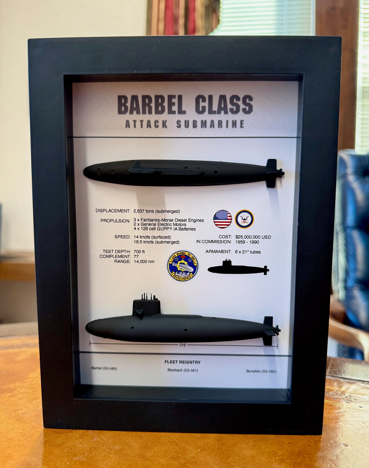 Barbel Class Submarine Memorial Display Shadow Box, 6" x 8", Black