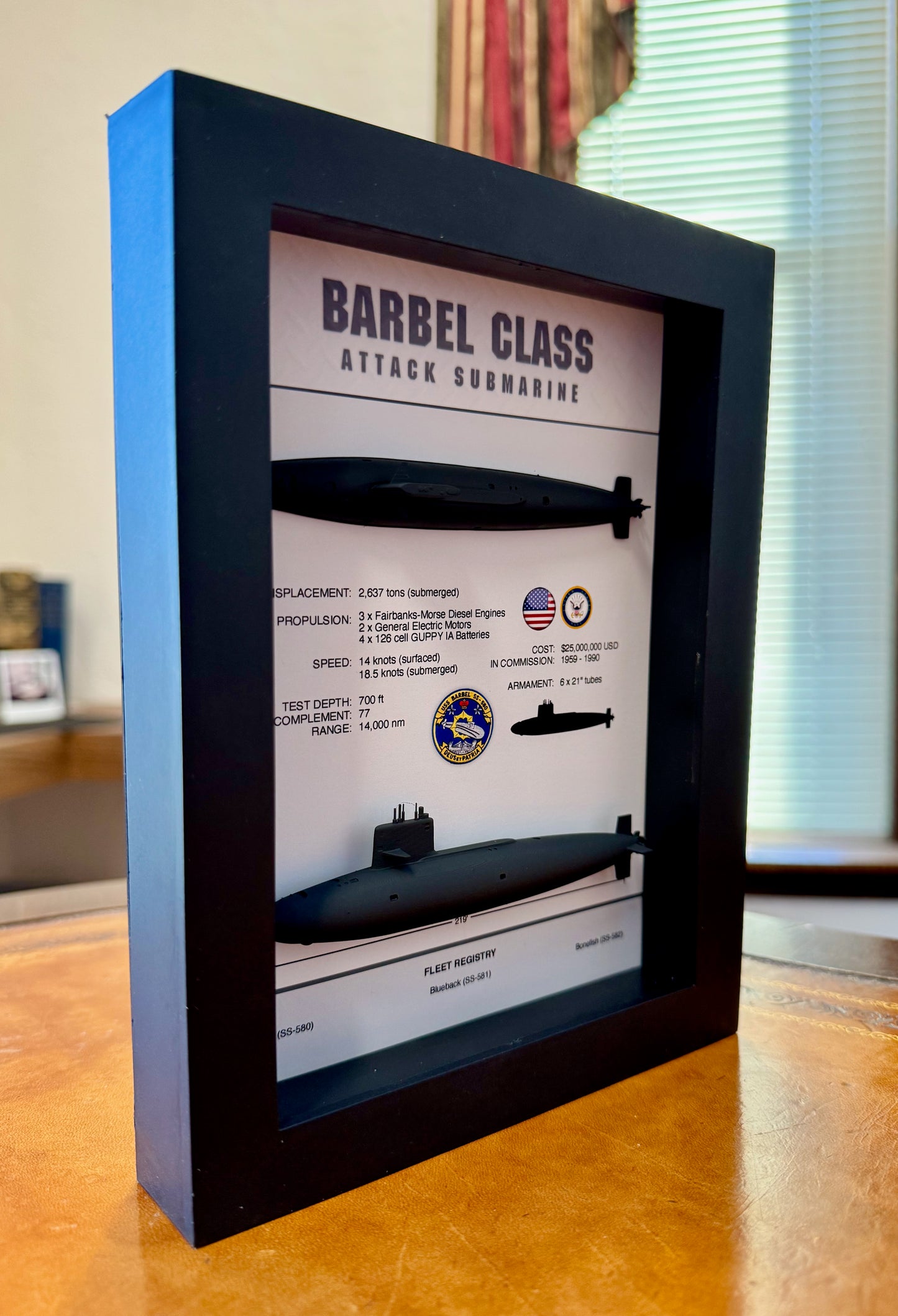 Barbel Class Submarine Memorial Display Shadow Box, 6" x 8", Black