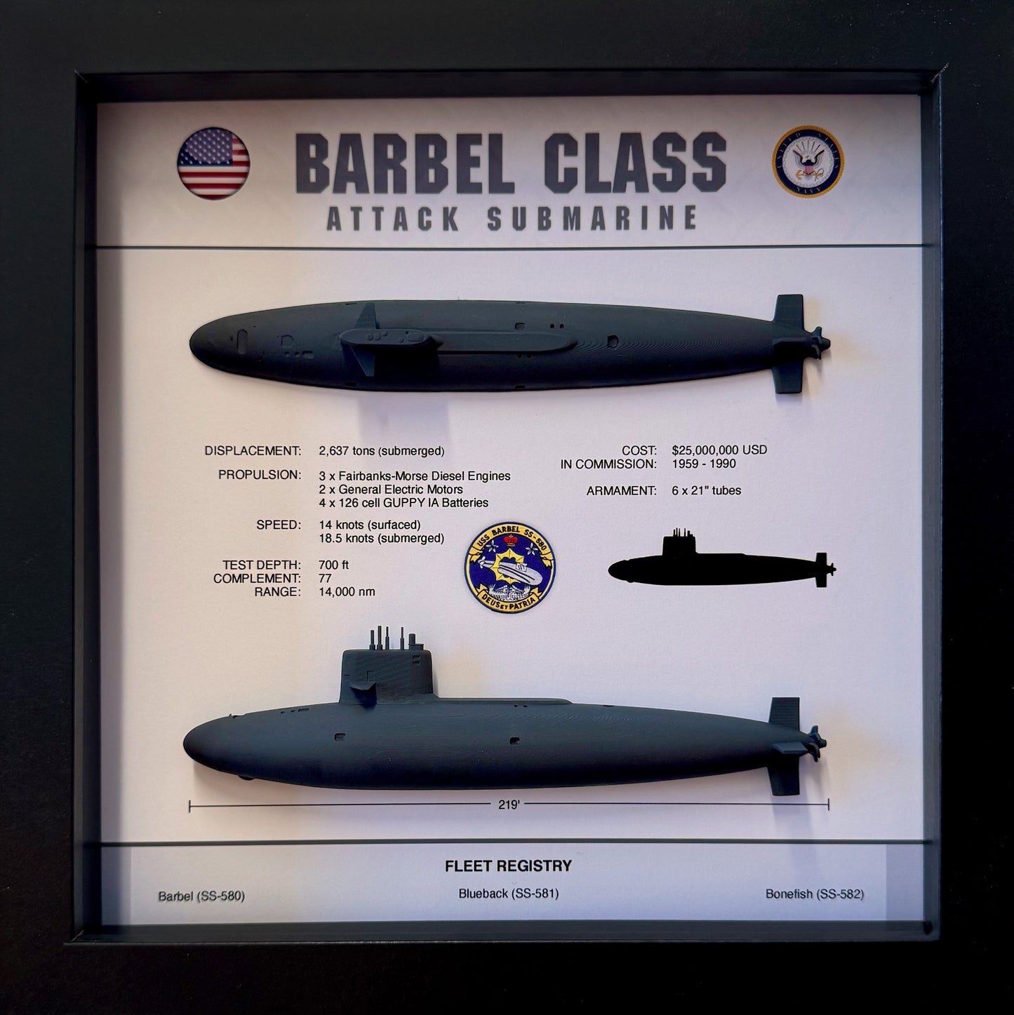 Barbel Class Submarine Memorial Display Shadow Box, 9" x 9", Black