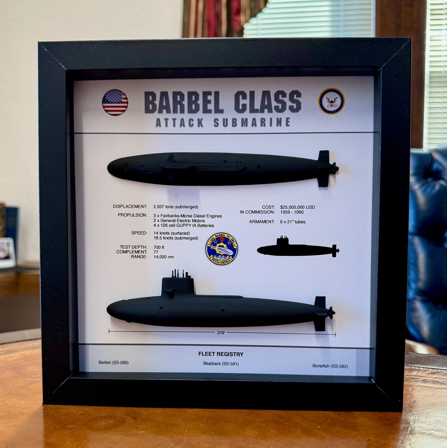 Barbel Class Submarine Memorial Display Shadow Box, 9" x 9", Black