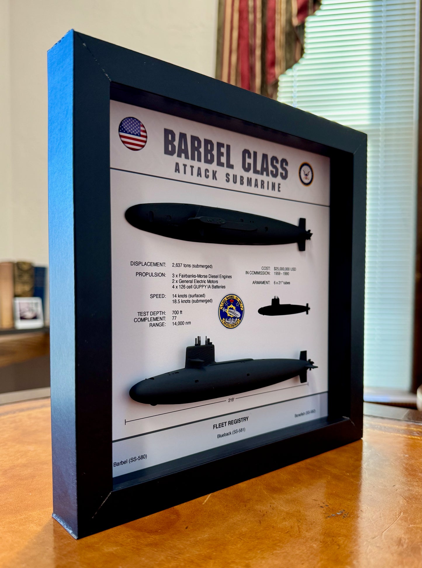 Barbel Class Submarine Memorial Display Shadow Box, 9" x 9", Black