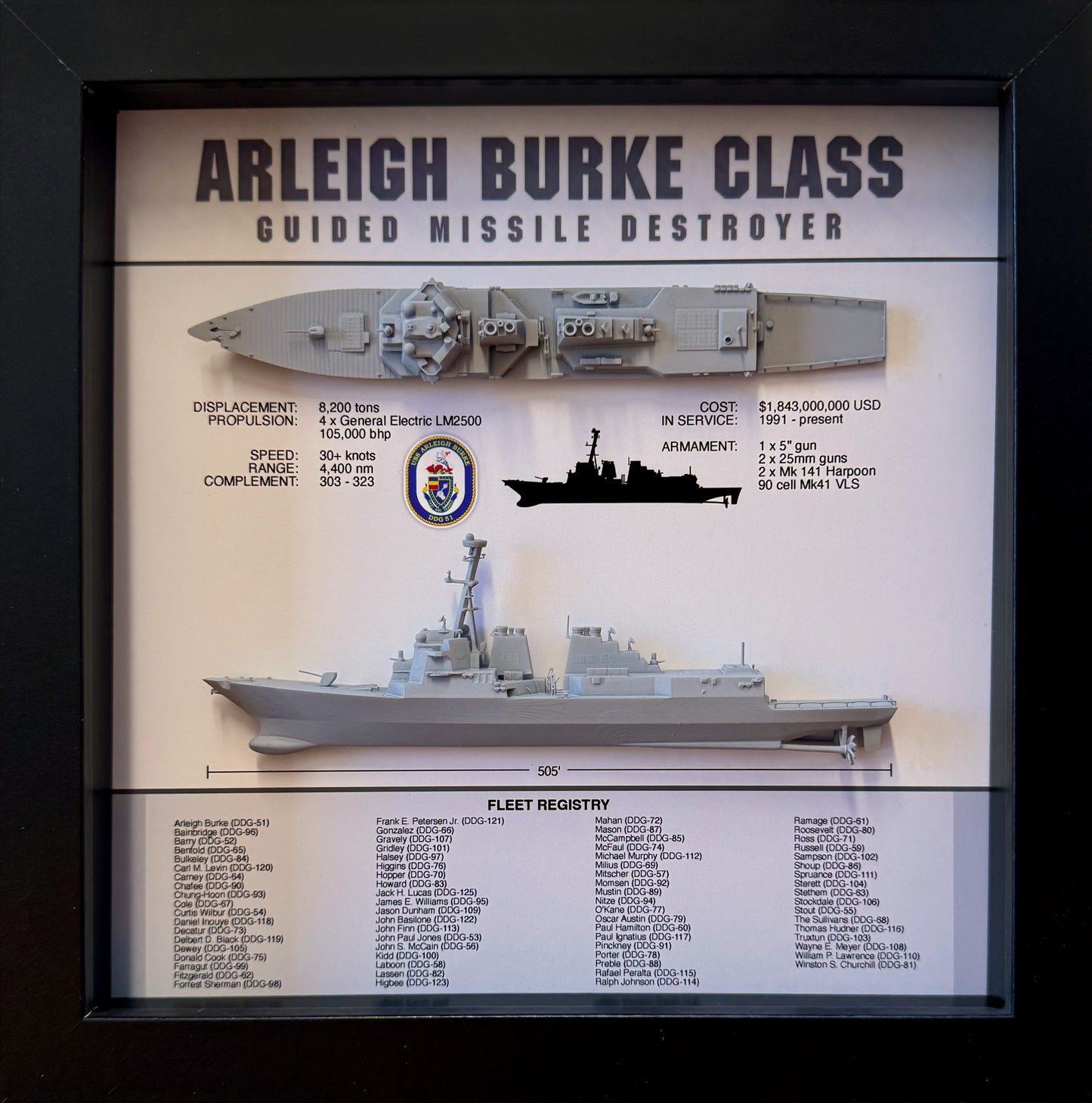 Arleigh Burke Class Destroyer Memorial Display Shadow Box, 9" x 9", Black