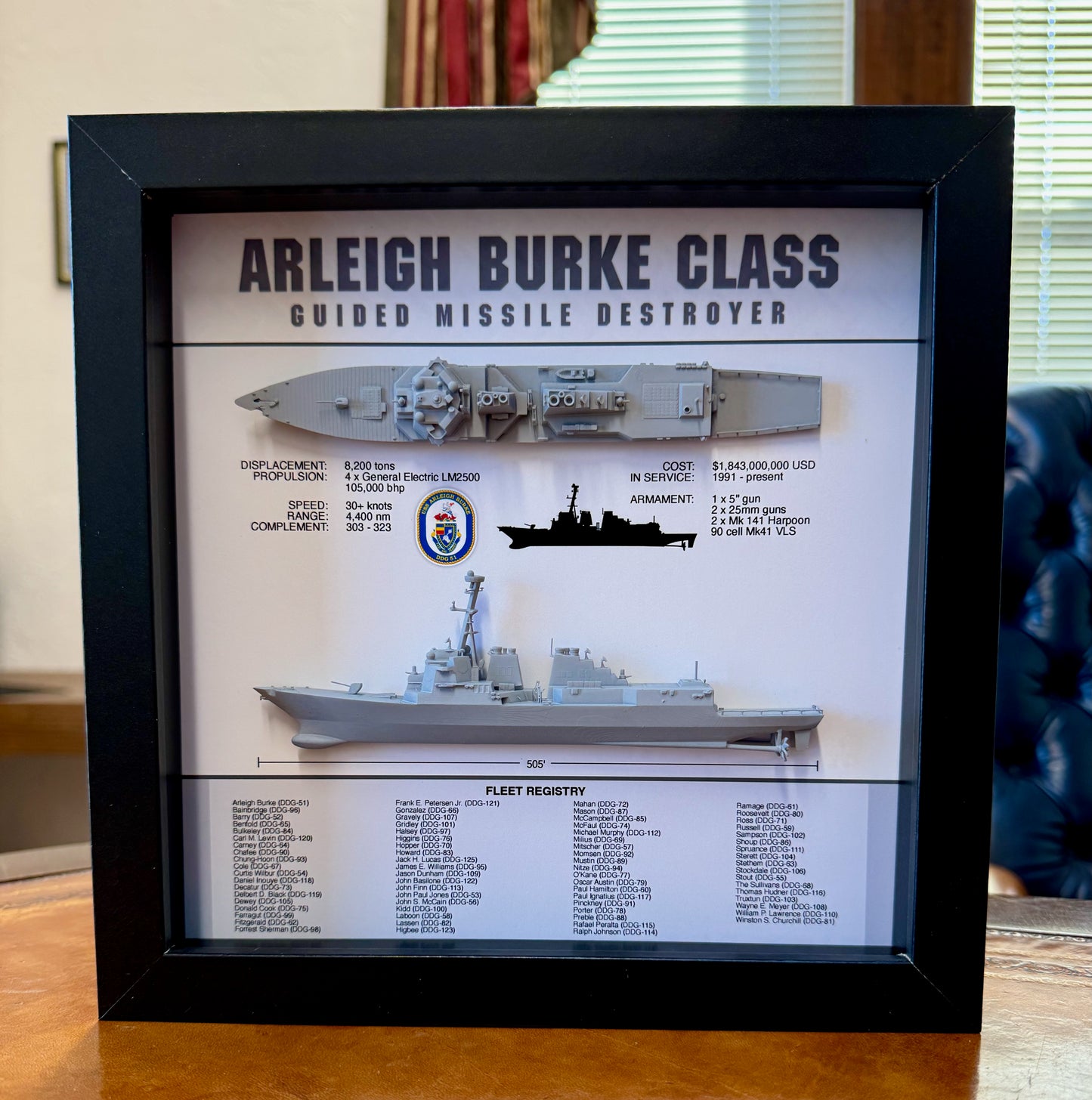 Arleigh Burke Class Destroyer Memorial Display Shadow Box, 9" x 9", Black