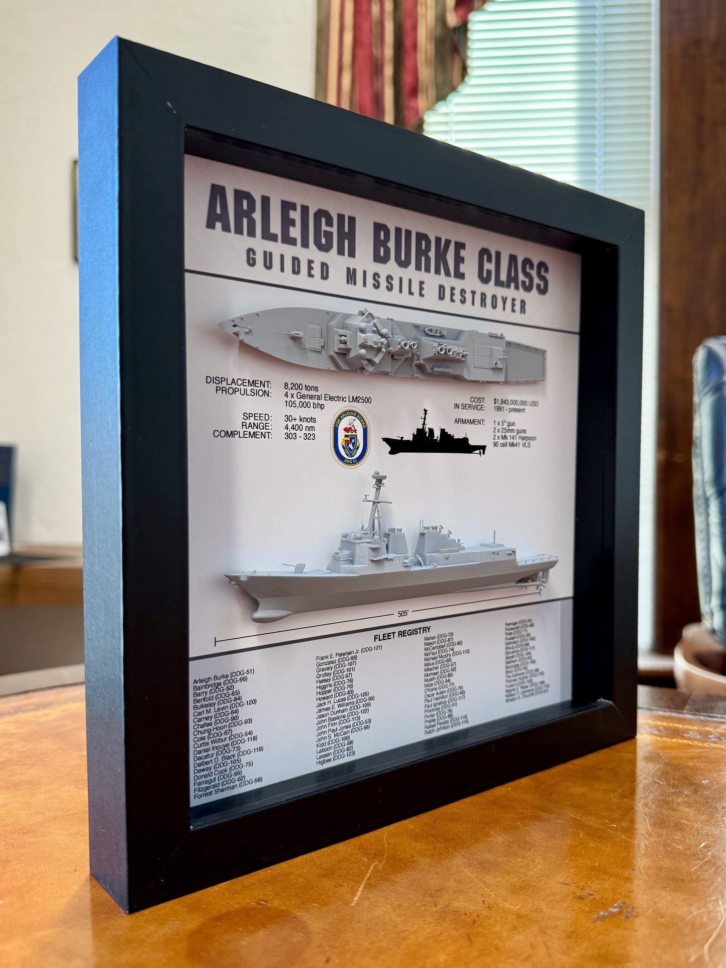 Arleigh Burke Class Destroyer Memorial Display Shadow Box, 9" x 9", Black