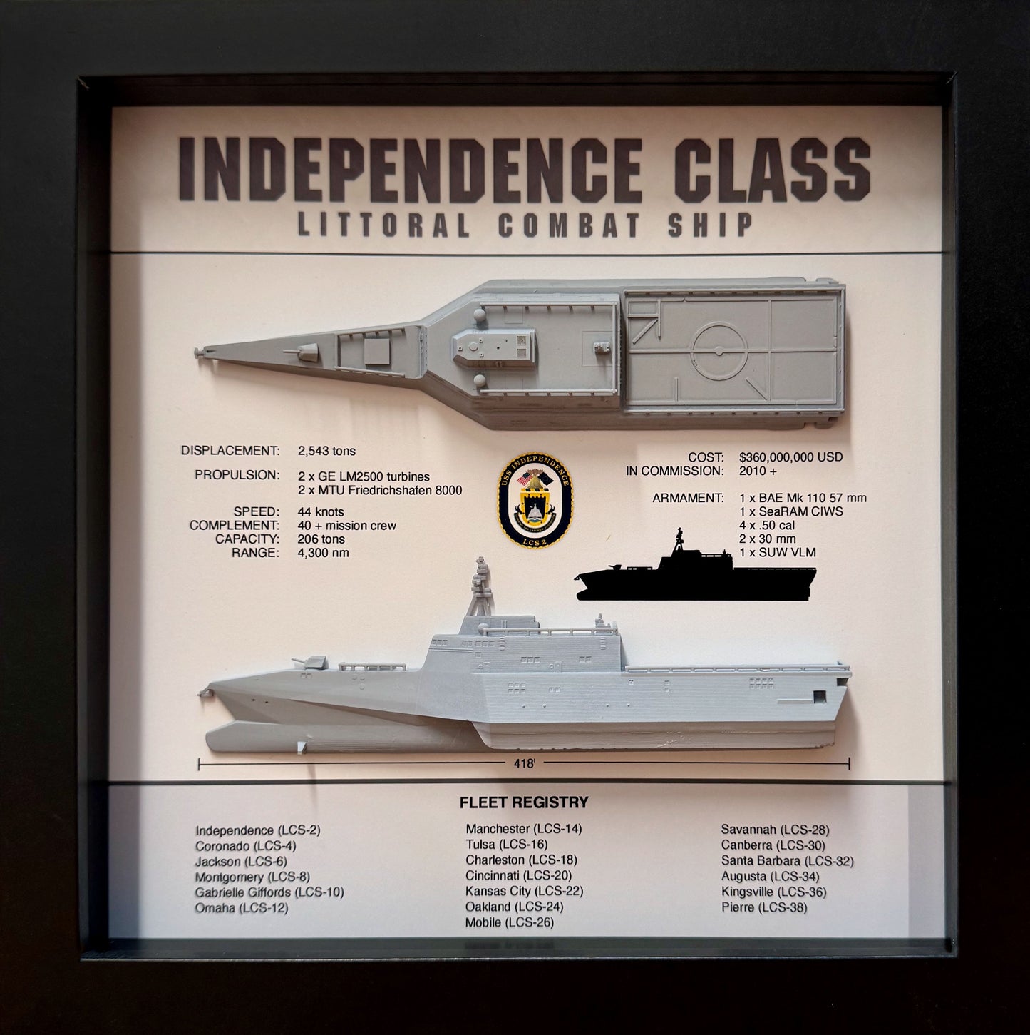 Independence Class Memorial Display Shadow Box, Littoral Combat Ship, 9" x 9", Black