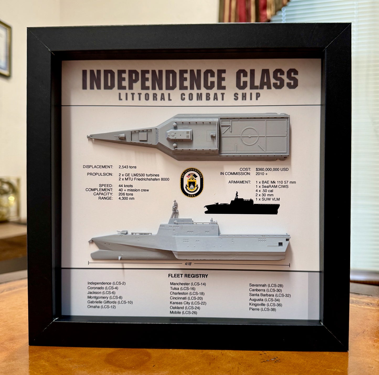 Independence Class Memorial Display Shadow Box, Littoral Combat Ship, 9" x 9", Black